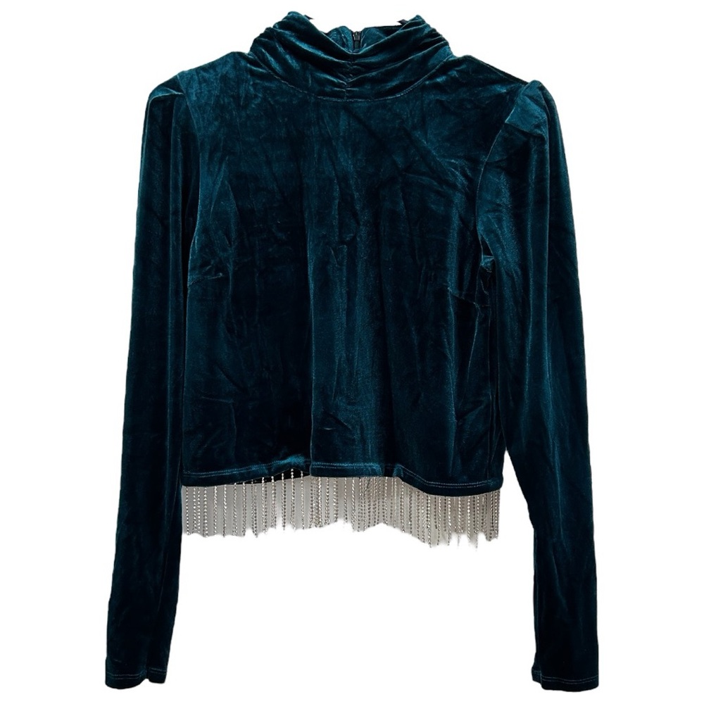 Joie Women’s Long Sleeve Velvet Turtleneck Rhinestone Fringe Top ‎ Sz S